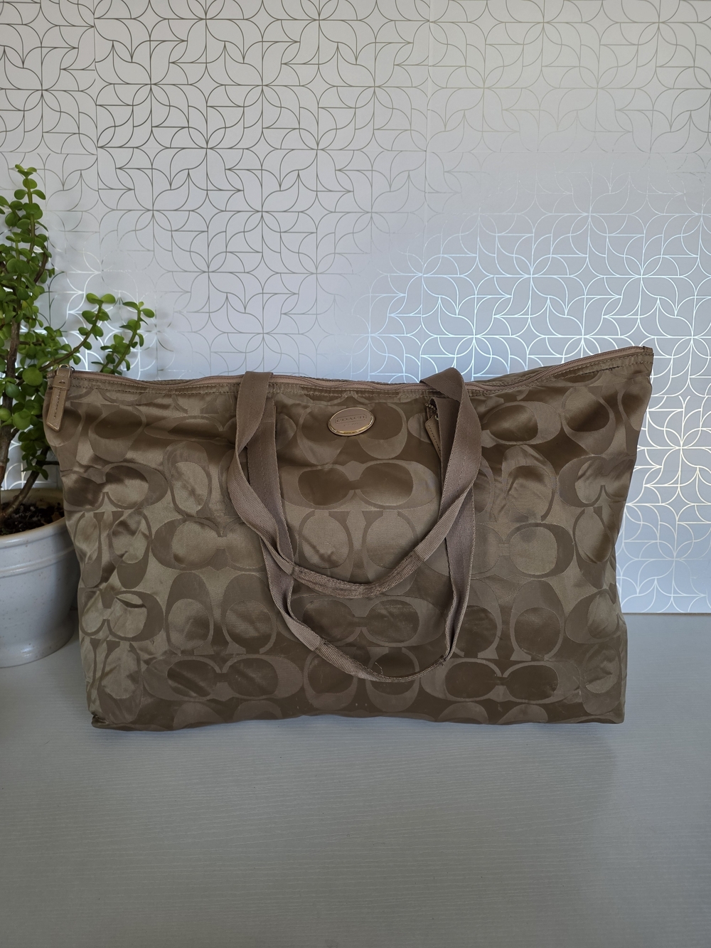 Coach Signature Monogram Tote in Khaki